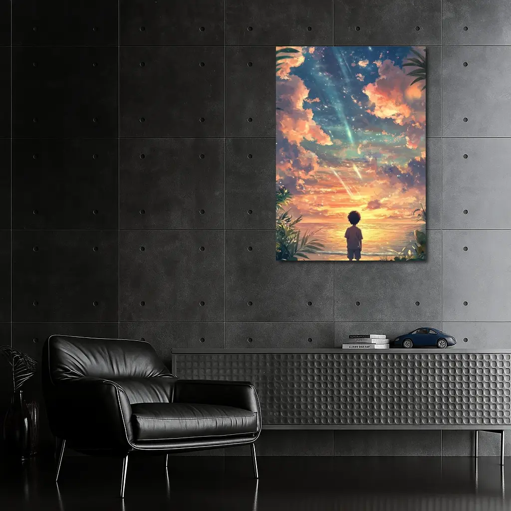 Anime Boy Watching Sunset Beach Sky – Wall Art