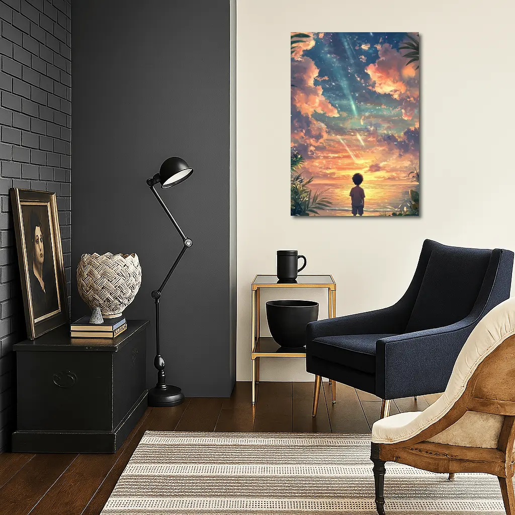 Anime Boy Watching Sunset Beach Sky – Wall Art