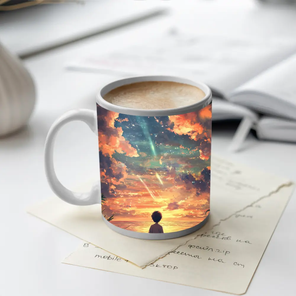 Anime Boy Watching Sunset Beach Sky – Mugs