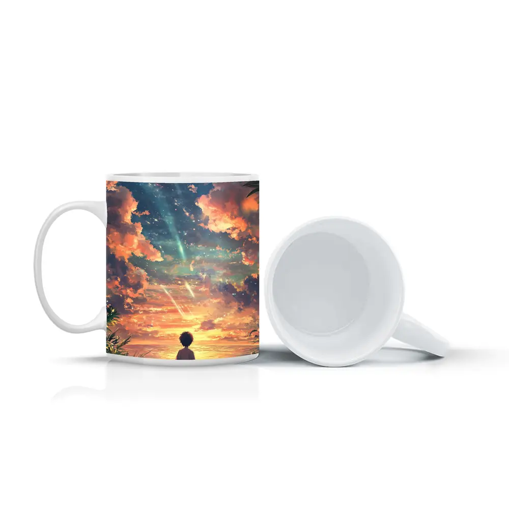 Anime Boy Watching Sunset Beach Sky – Mugs