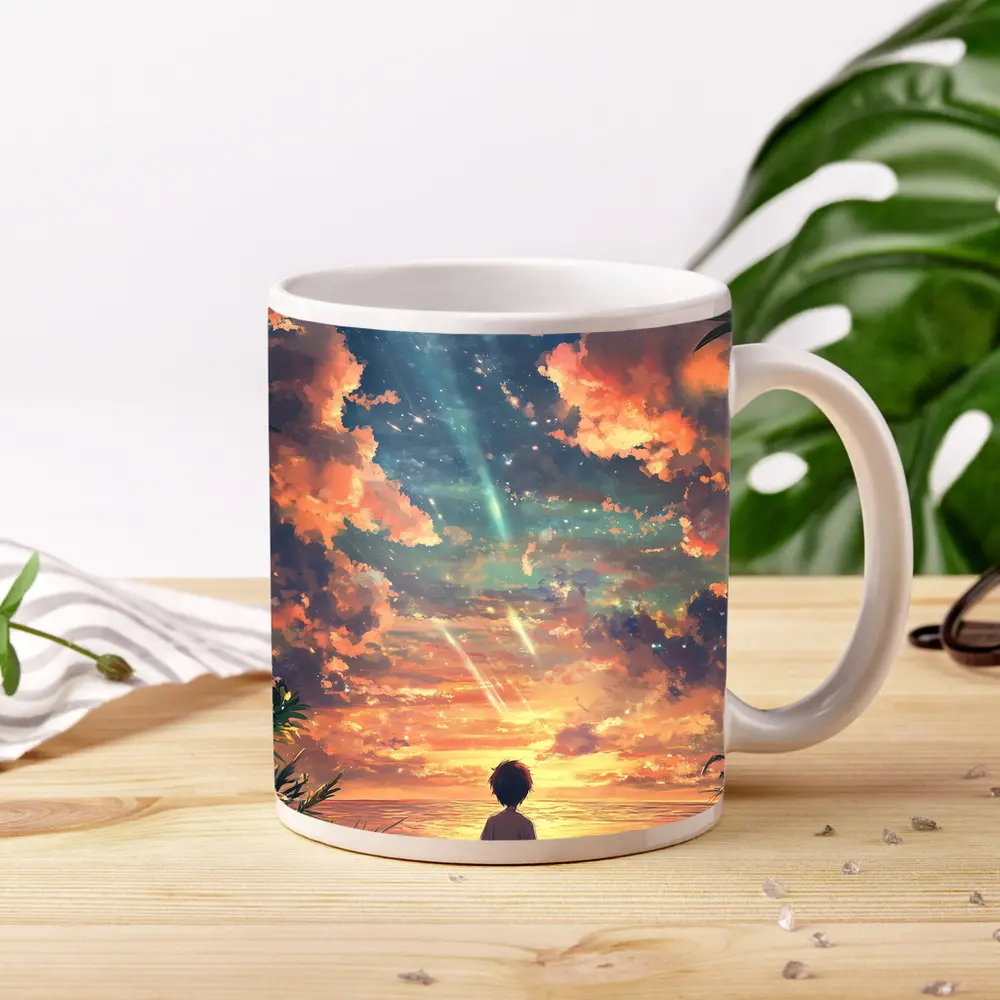 Anime Boy Watching Sunset Beach Sky – Mugs