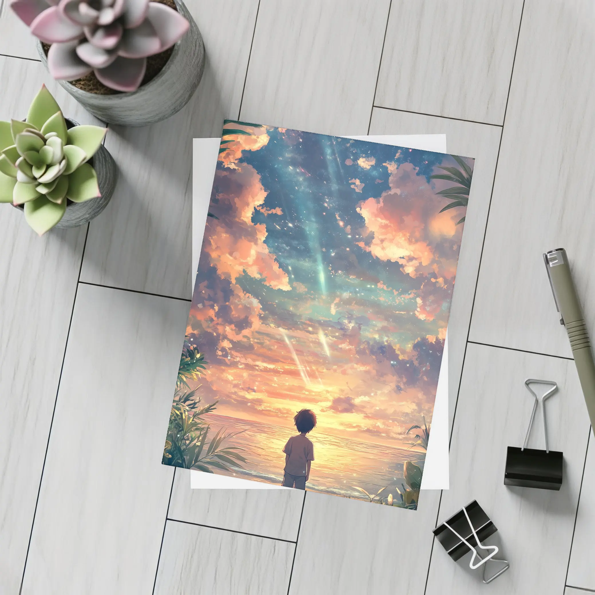 Anime Boy Watching Sunset Beach Sky – Postcards
