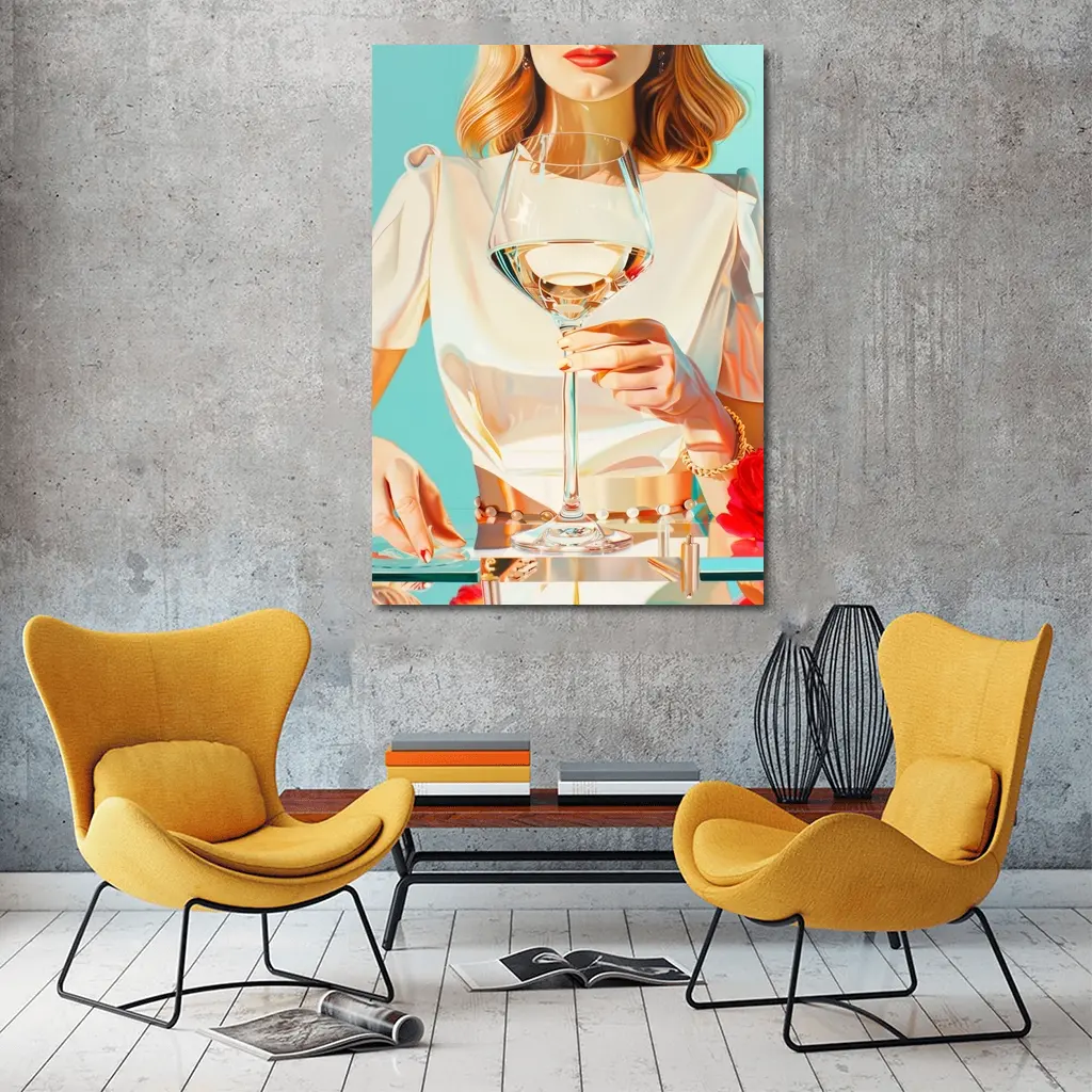 Woman Holding Wine Glass Teal Background – Wall Art