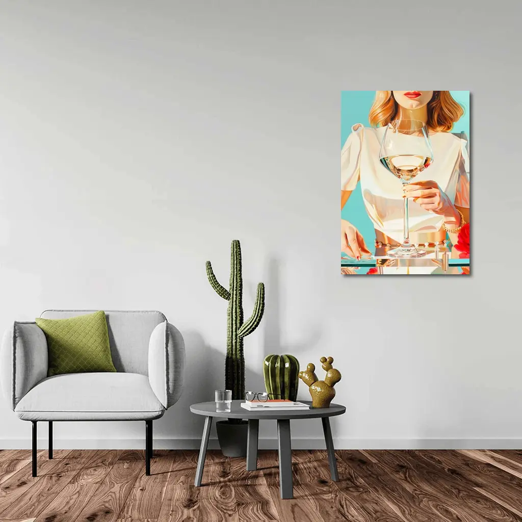 Woman Holding Wine Glass Teal Background – Wall Art