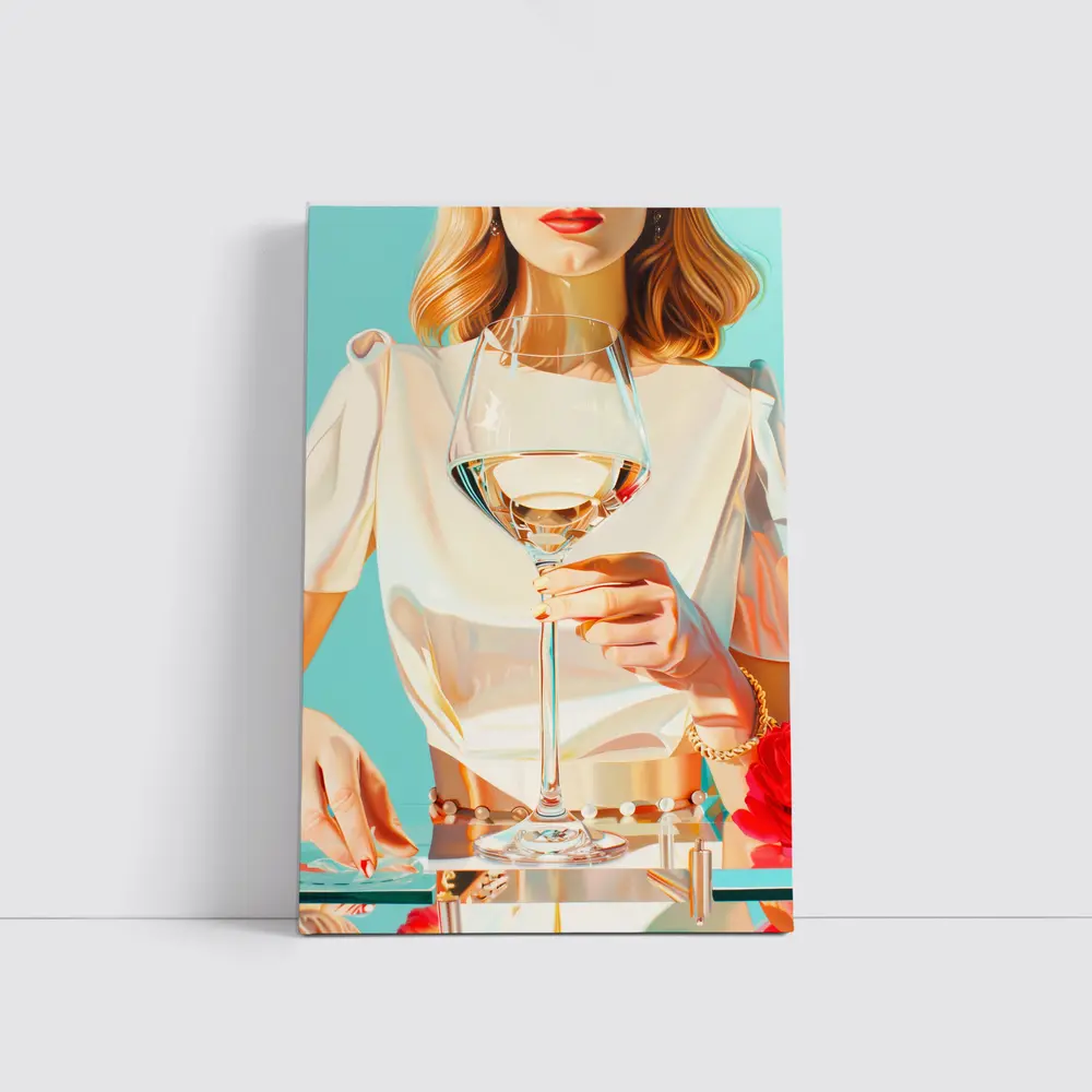 Woman Holding Wine Glass Teal Background – Wall Art