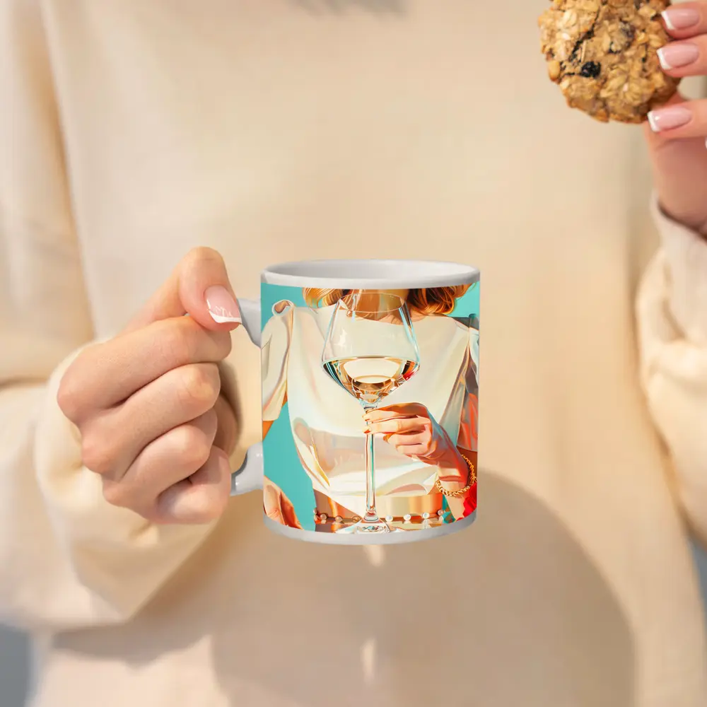 Woman Holding Wine Glass Teal Background – Mugs