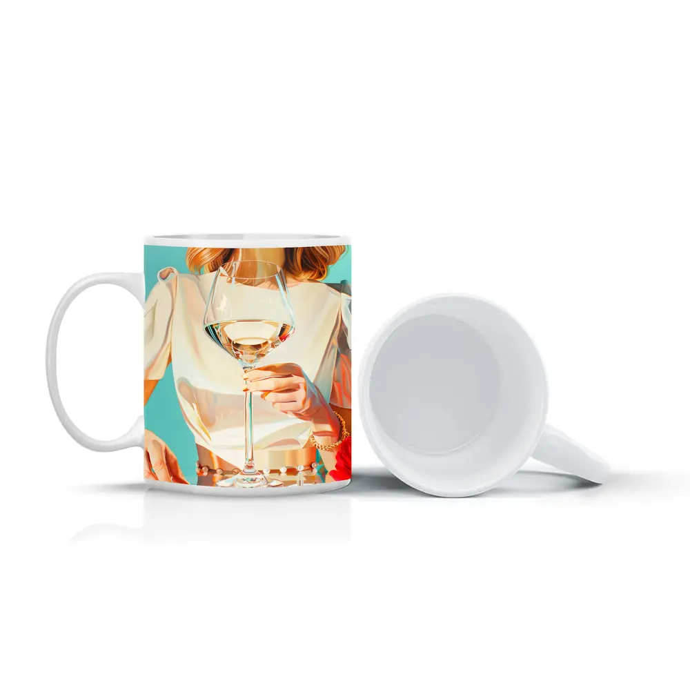 Woman Holding Wine Glass Teal Background – Mugs