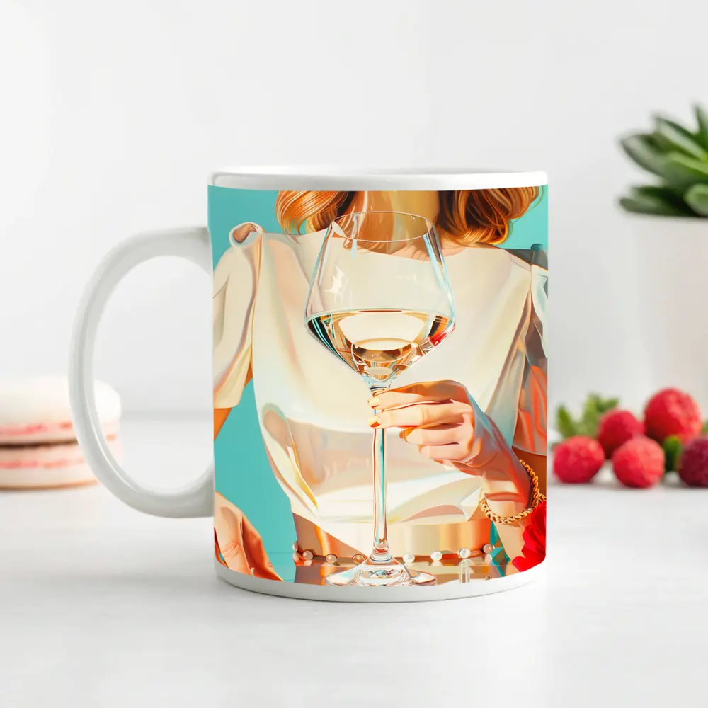 Woman Holding Wine Glass Teal Background – Mugs