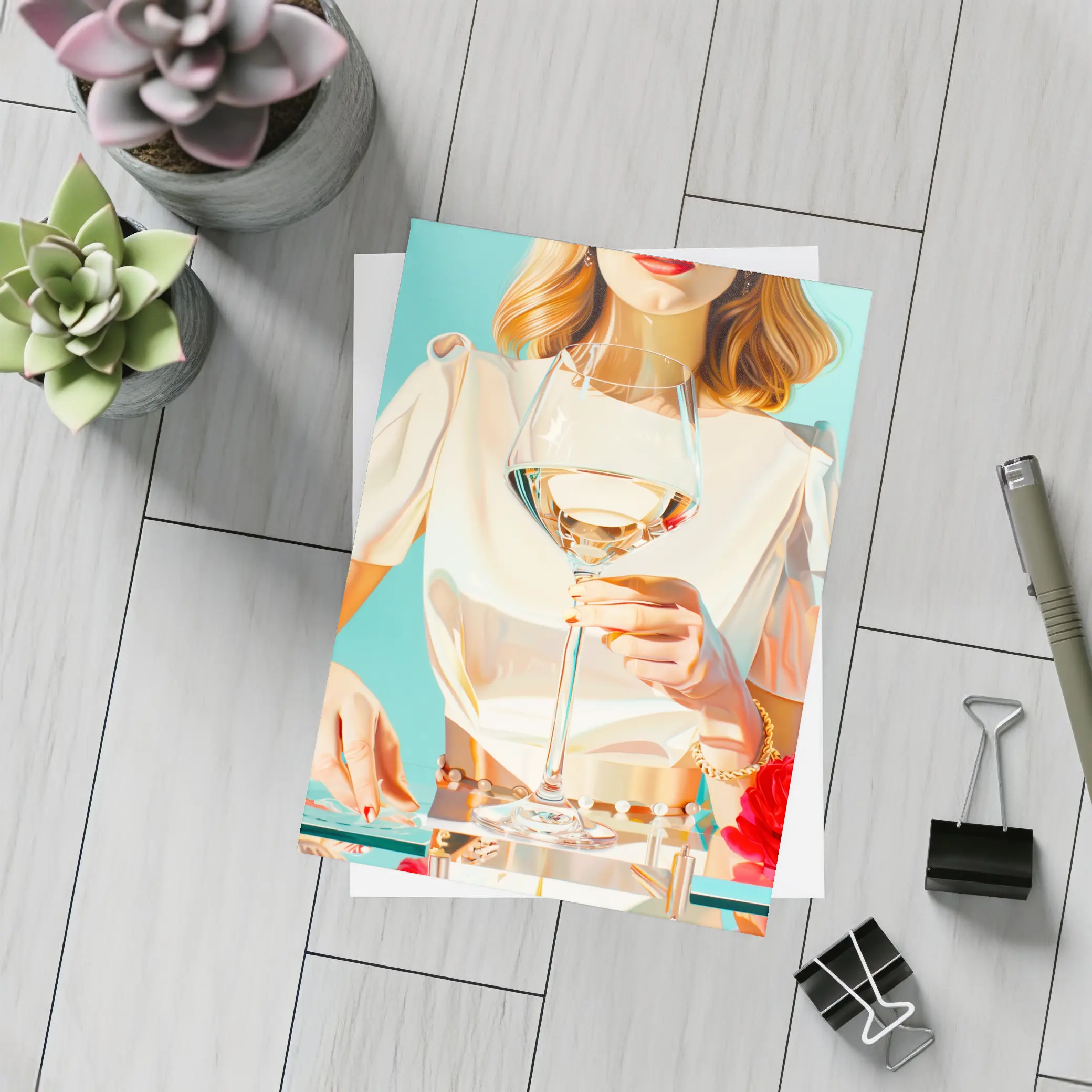 Woman Holding Wine Glass Teal Background – Postcards