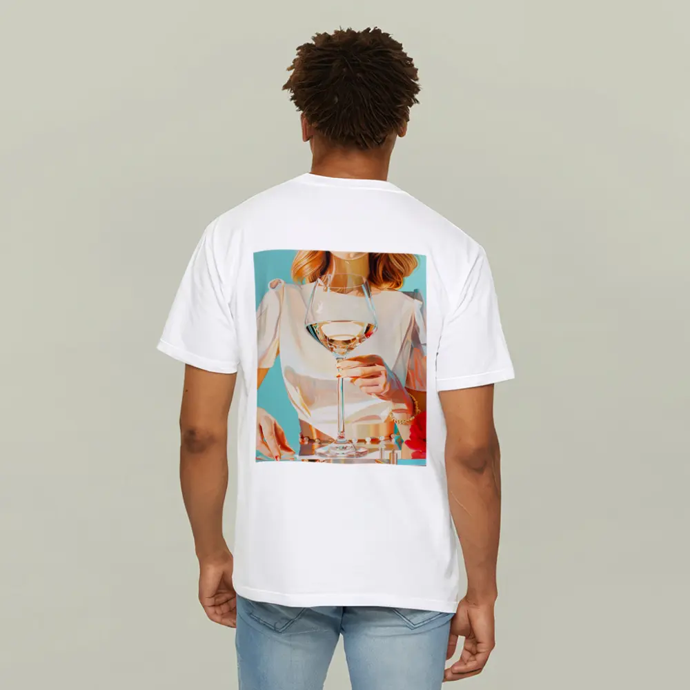 Woman Holding Wine Glass Teal Background – T-Shirts