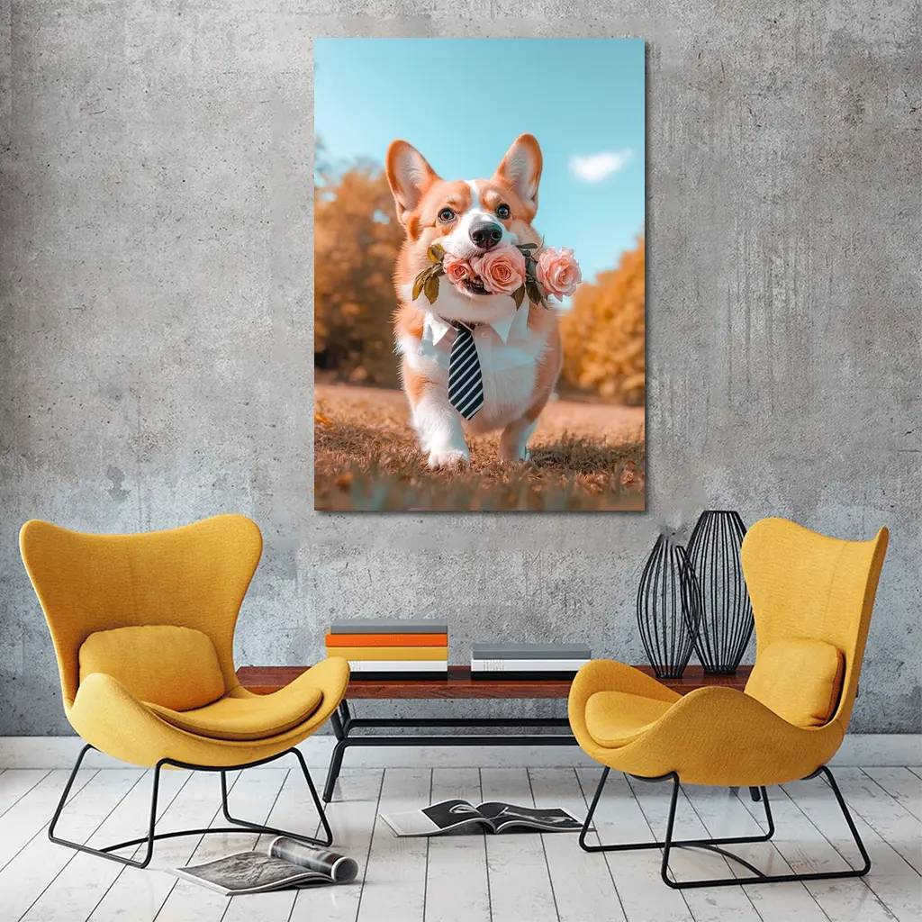 Corgi Dog With Roses Wearing Tie Outdoors – Wall Art