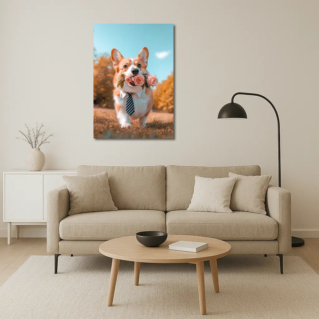 Corgi Dog With Roses Wearing Tie Outdoors – Wall Art
