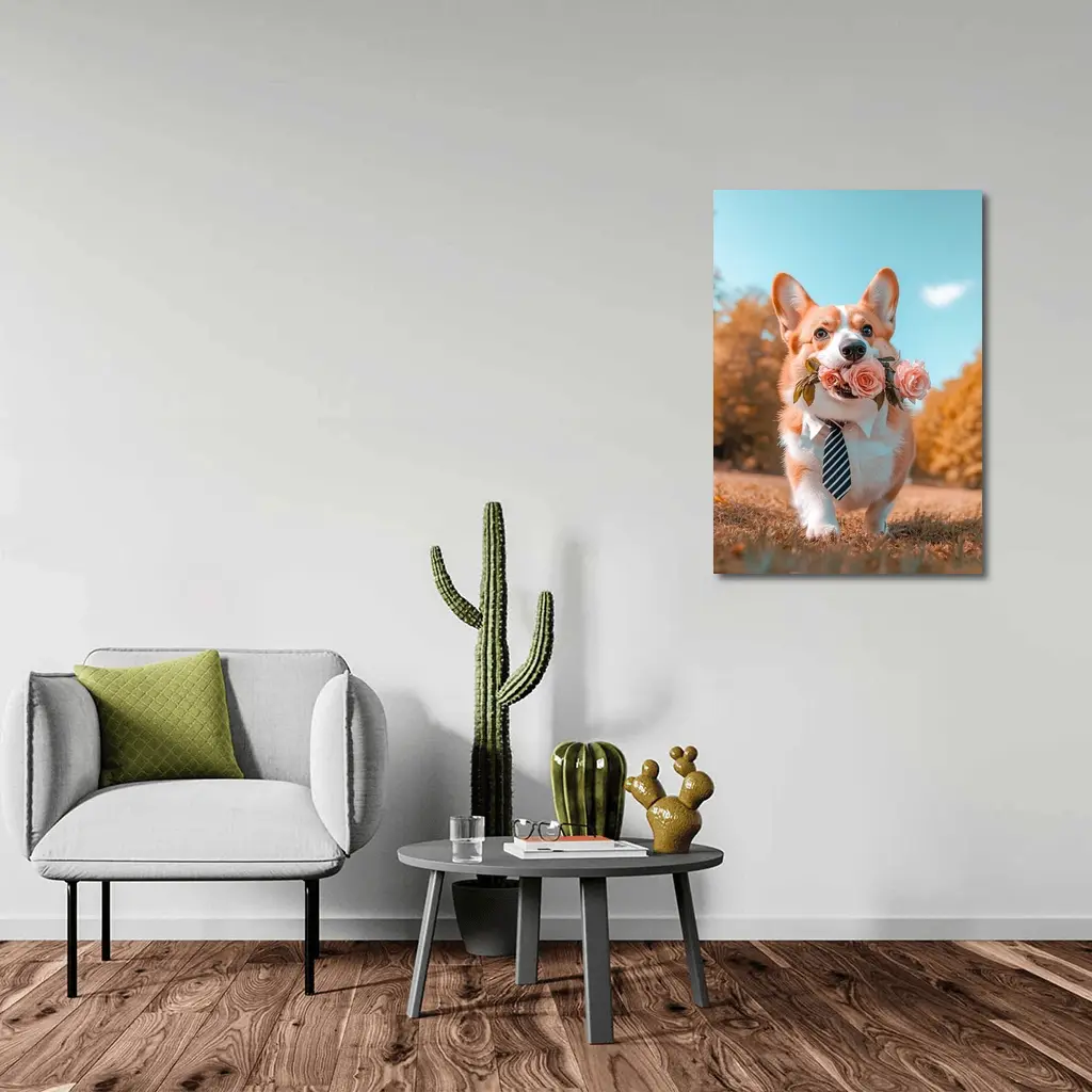 Corgi Dog With Roses Wearing Tie Outdoors – Wall Art