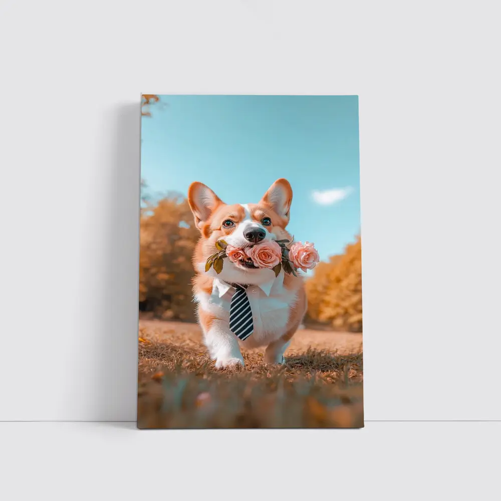 Corgi Dog With Roses Wearing Tie Outdoors – Wall Art