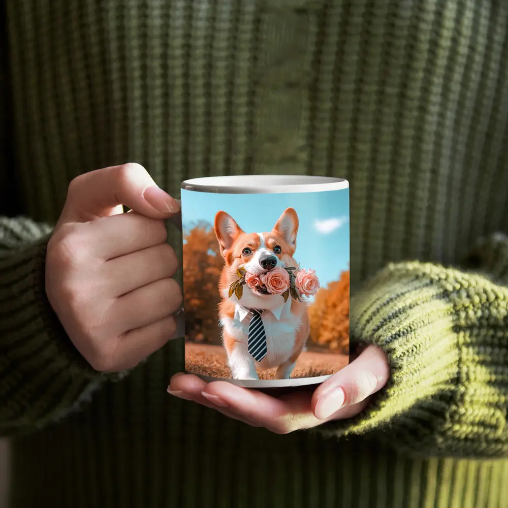 Corgi Dog With Roses Wearing Tie Outdoors – Mugs