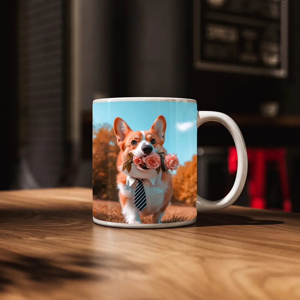 Corgi Dog With Roses Wearing Tie Outdoors – Mugs