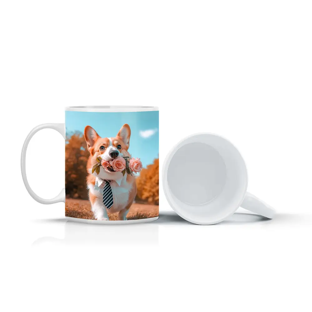 Corgi Dog With Roses Wearing Tie Outdoors – Mugs
