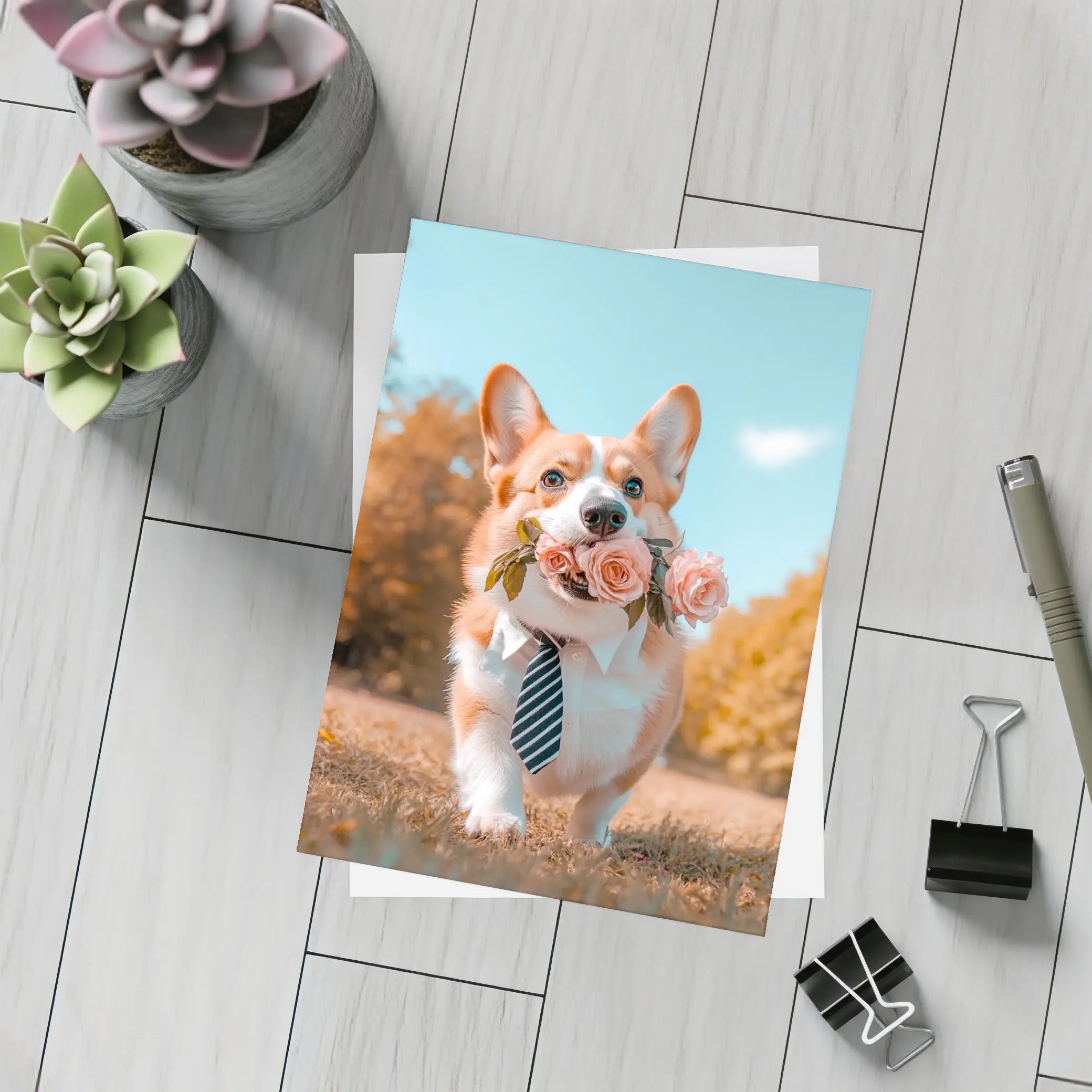 Corgi Dog With Roses Wearing Tie Outdoors – Postcards