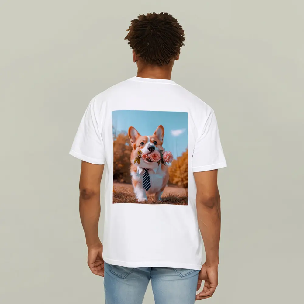 Corgi Dog With Roses Wearing Tie Outdoors – T-Shirts