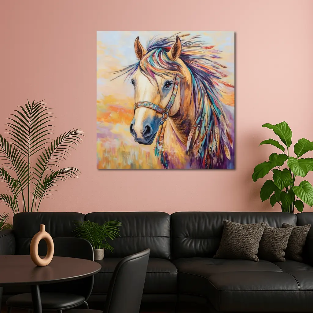 Colorful Native Horse Portrait Oil Painting – Wall Art