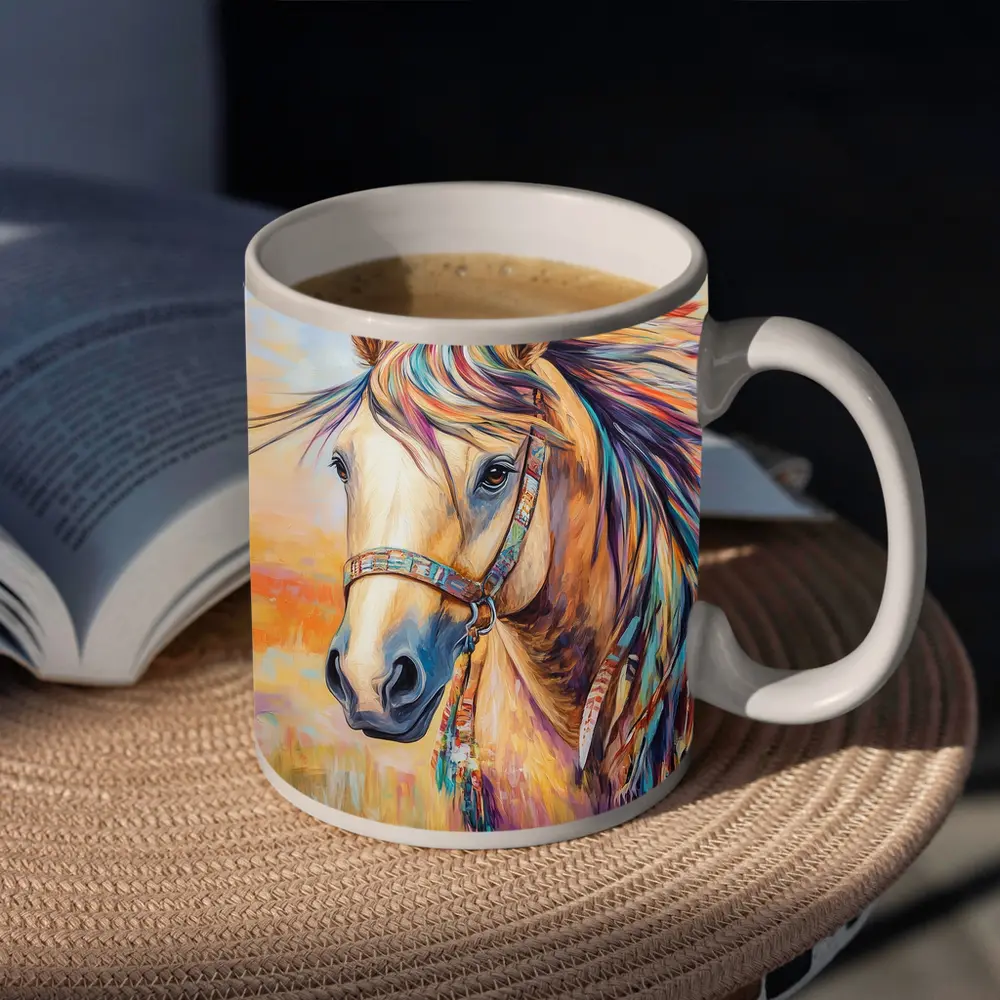 Colorful Native Horse Portrait Oil Painting – Mugs