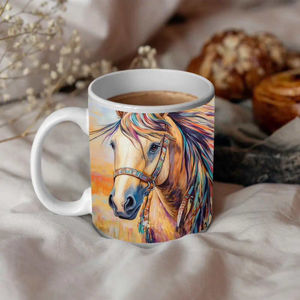 Colorful Native Horse Portrait Oil Painting – Mugs