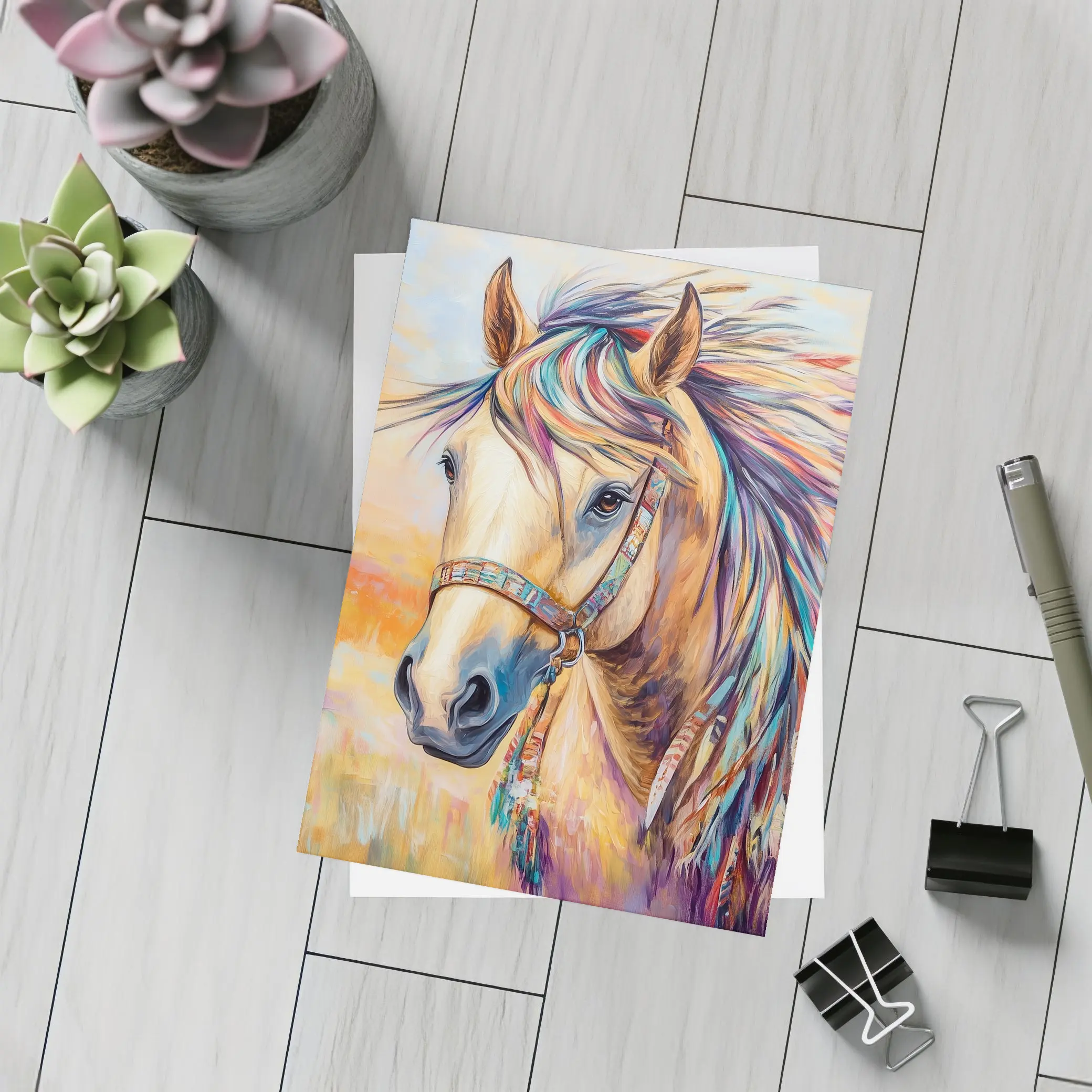 Colorful Native Horse Portrait Oil Painting – Postcards