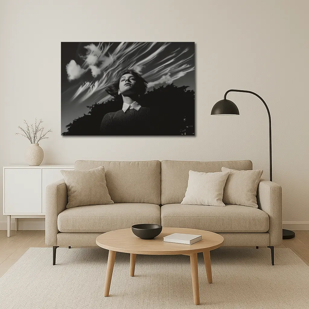 Woman Looking Up Dramatic Black White Sky – Wall Art
