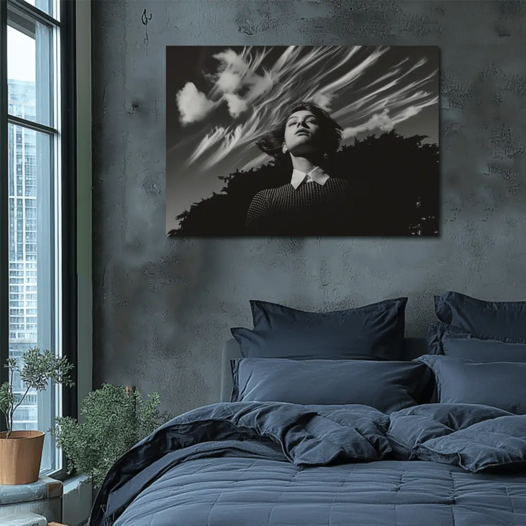 Woman Looking Up Dramatic Black White Sky – Wall Art
