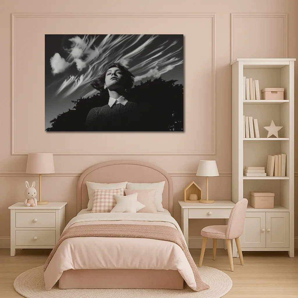 Woman Looking Up Dramatic Black White Sky – Wall Art
