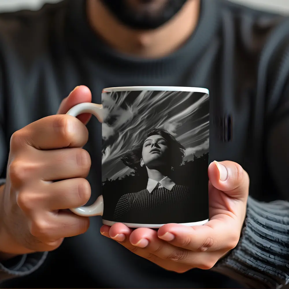 Woman Looking Up Dramatic Black White Sky – Mugs
