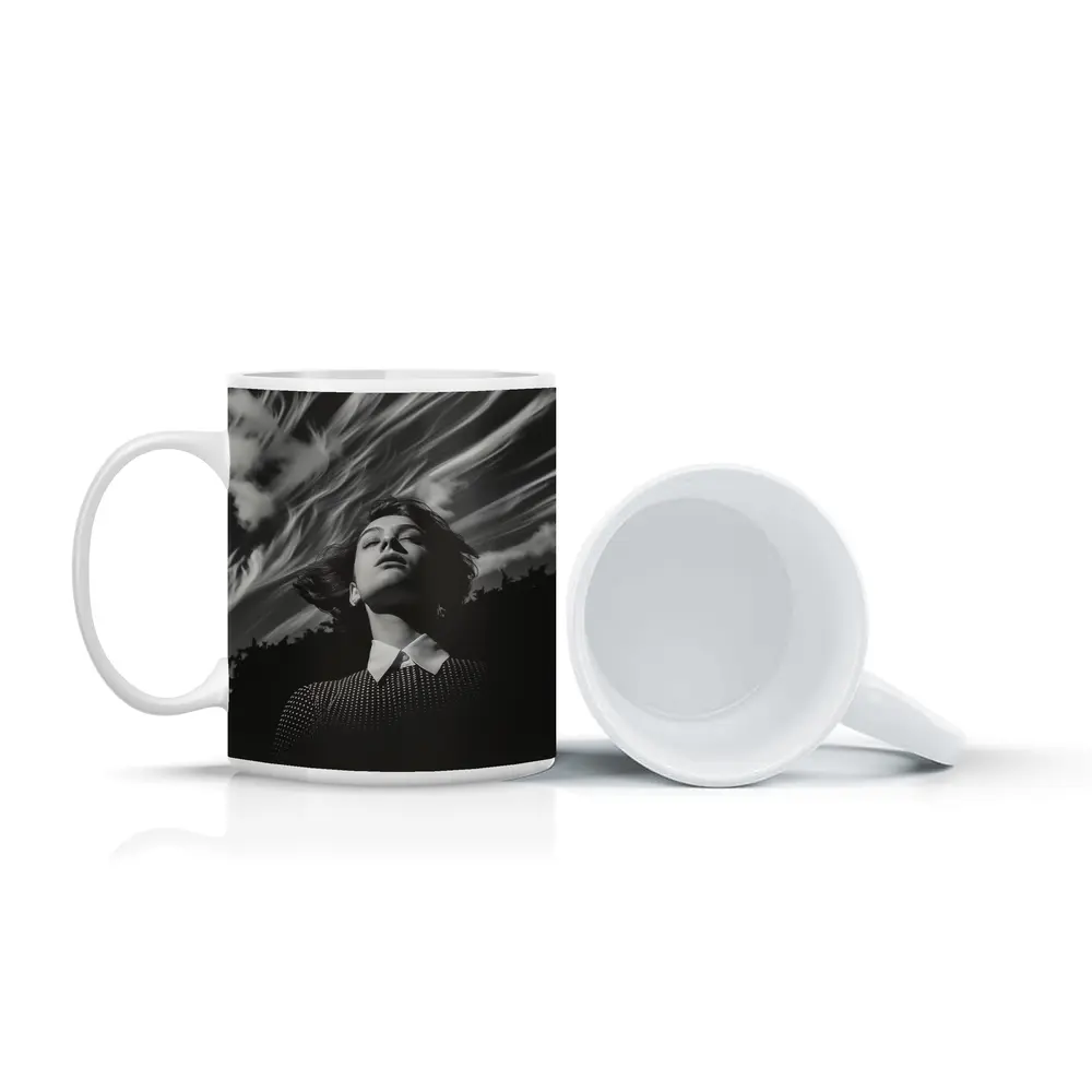 Woman Looking Up Dramatic Black White Sky – Mugs