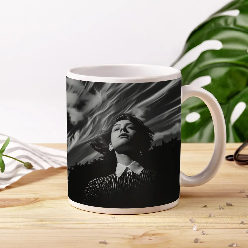 Woman Looking Up Dramatic Black White Sky – Mugs