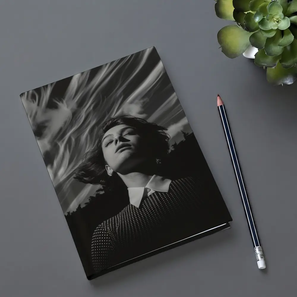 Woman Looking Up Dramatic Black White Sky – Notebooks