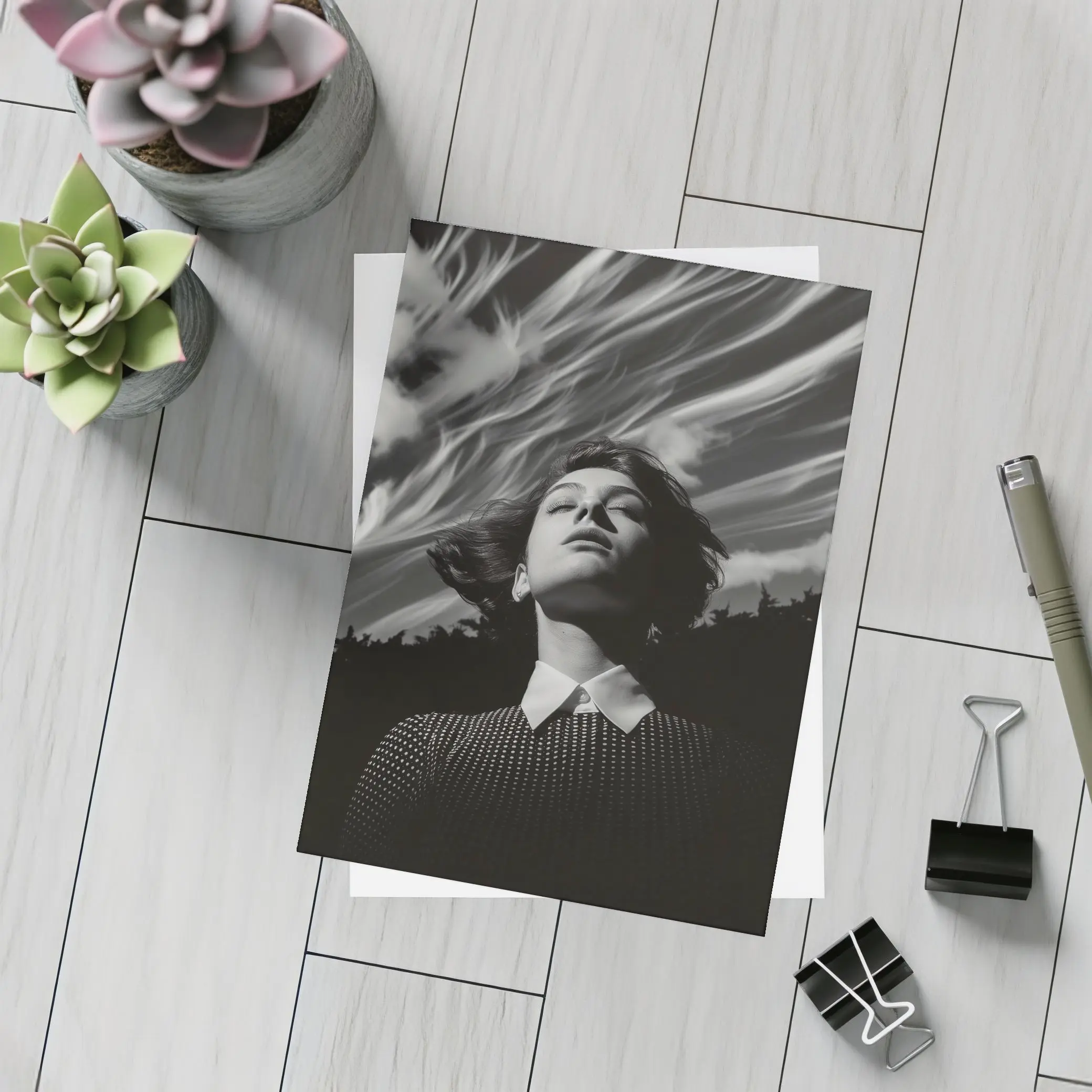 Woman Looking Up Dramatic Black White Sky – Postcards