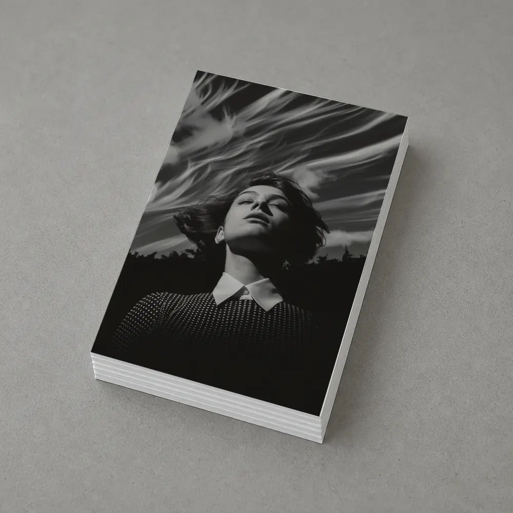 Woman Looking Up Dramatic Black White Sky – Postcards