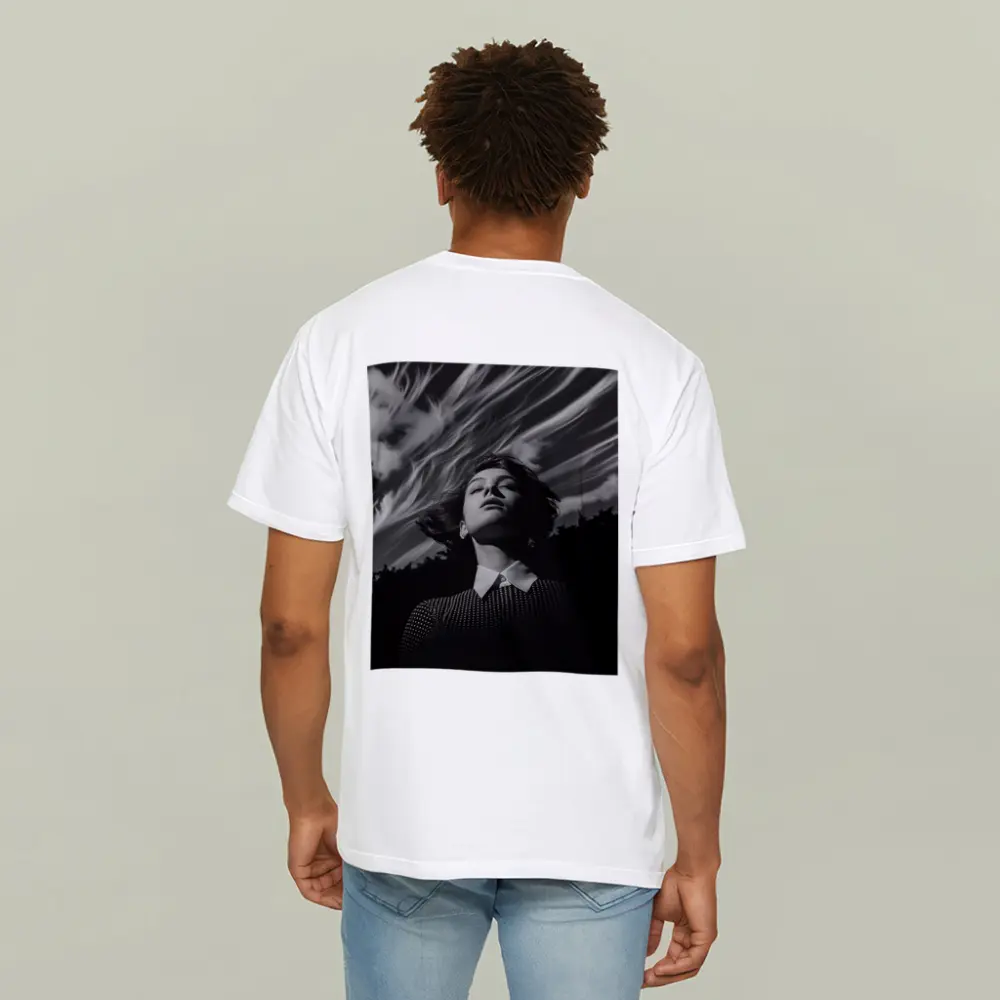 Woman Looking Up Dramatic Black White Sky – T-Shirts