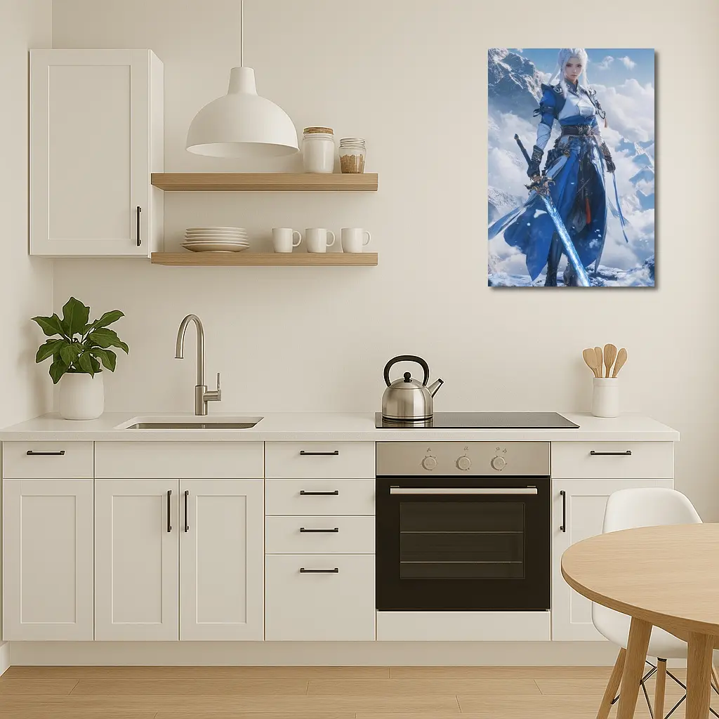 Anime Warrior Woman Blue Sword Snowy Mountains – Wall Art