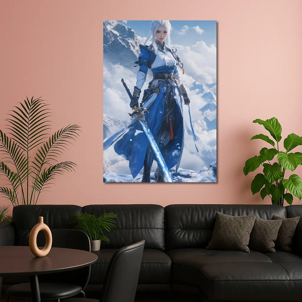 Anime Warrior Woman Blue Sword Snowy Mountains – Wall Art