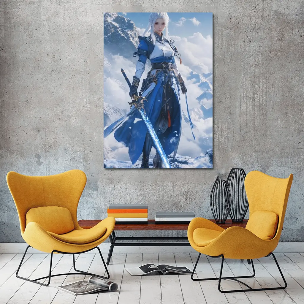 Anime Warrior Woman Blue Sword Snowy Mountains – Wall Art