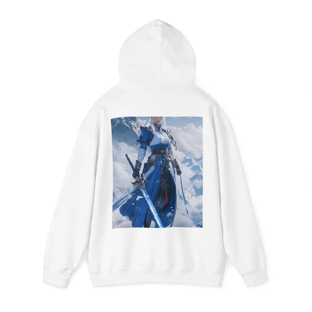 Anime Warrior Woman Blue Sword Snowy Mountains – Hoodies