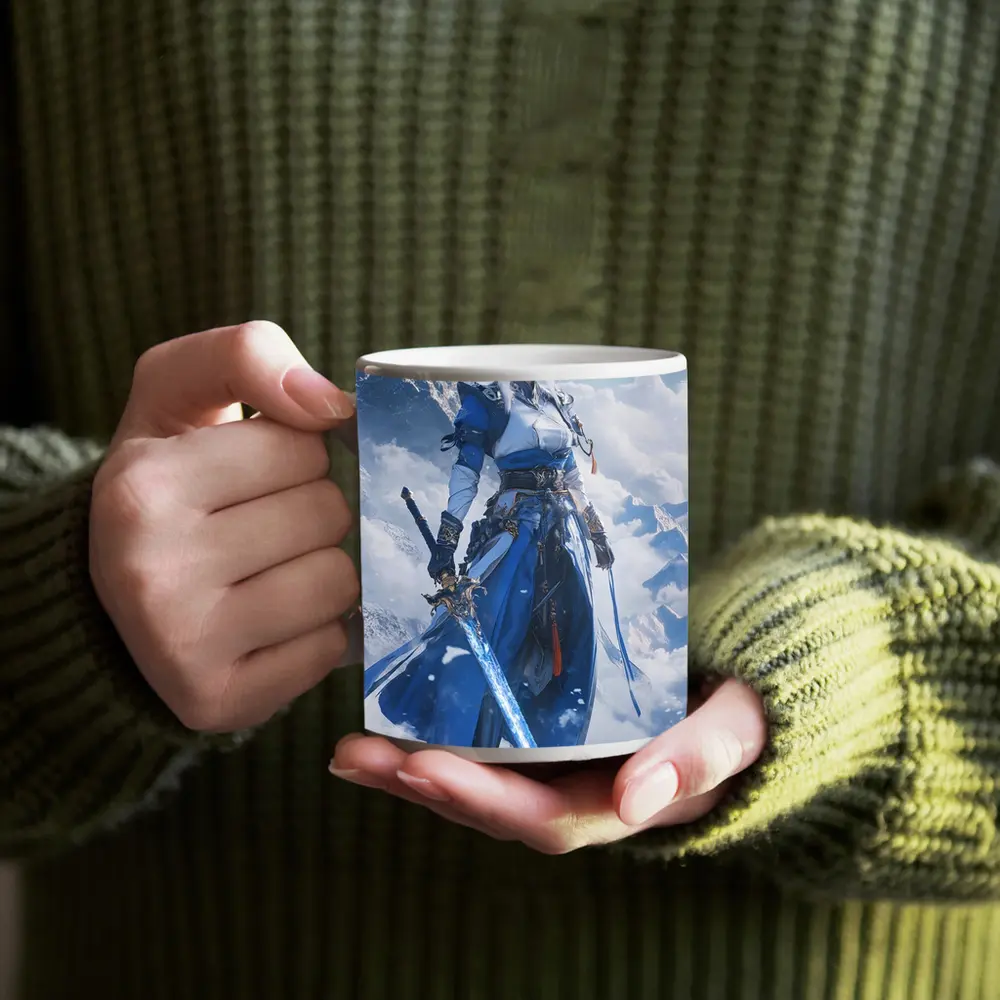 Anime Warrior Woman Blue Sword Snowy Mountains – Mugs