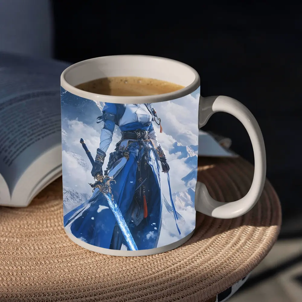 Anime Warrior Woman Blue Sword Snowy Mountains – Mugs