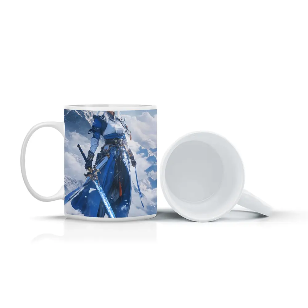 Anime Warrior Woman Blue Sword Snowy Mountains – Mugs