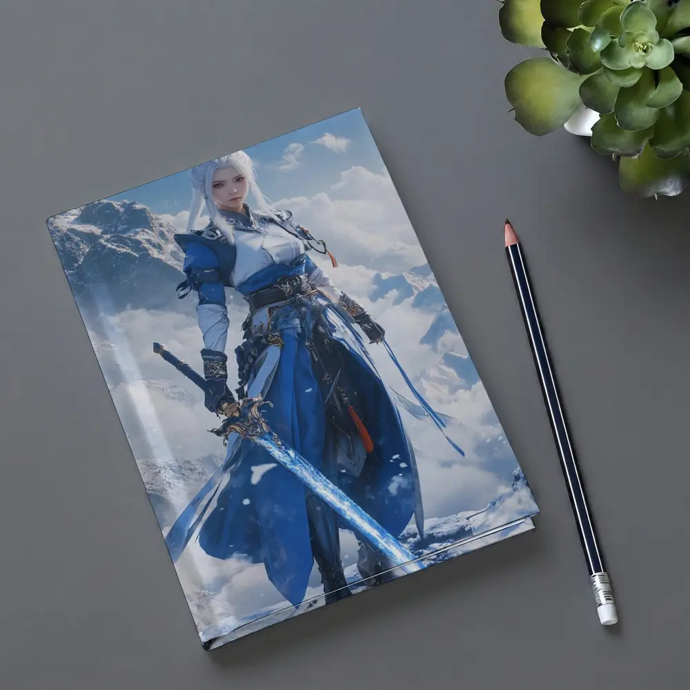 Anime Warrior Woman Blue Sword Snowy Mountains – Notebooks