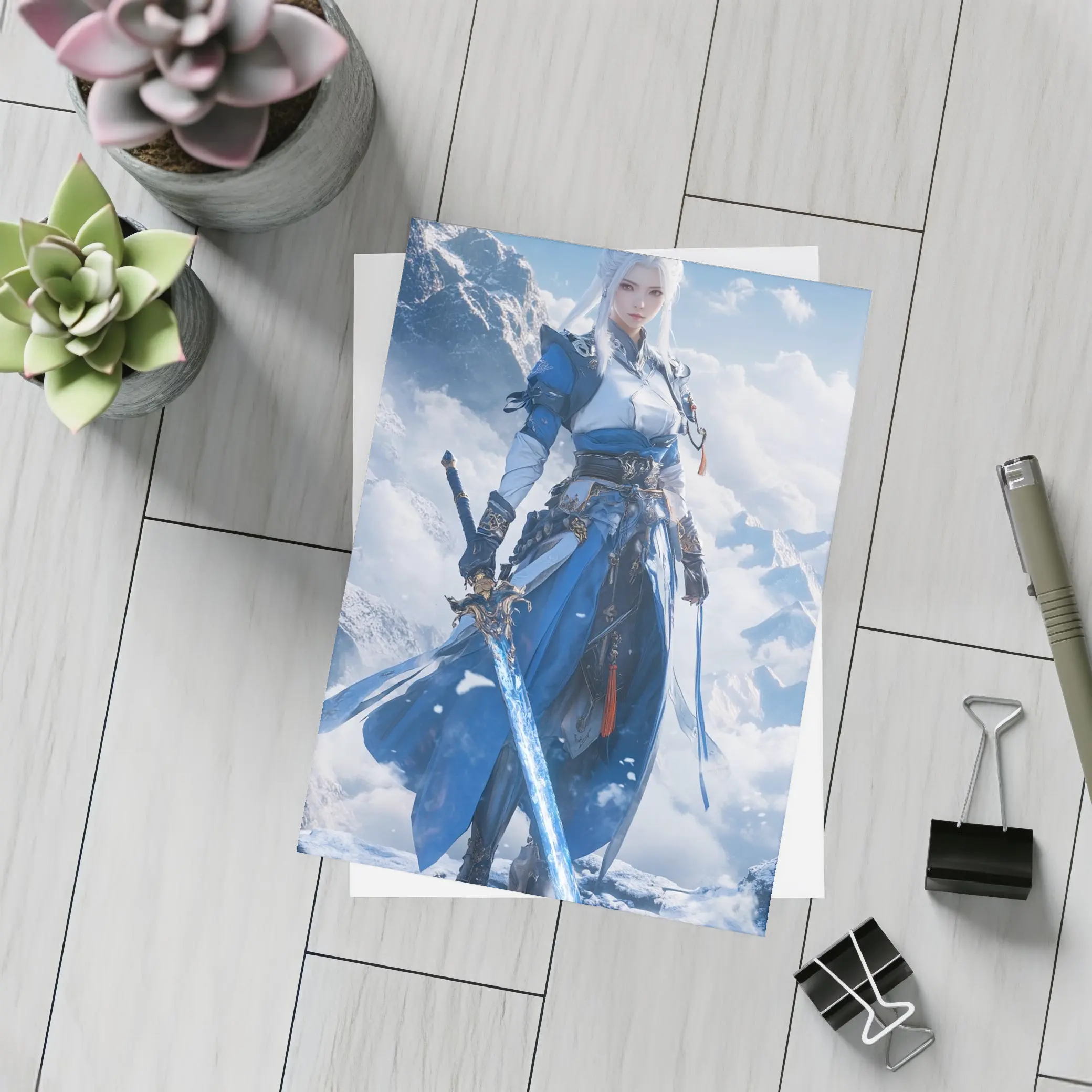 Anime Warrior Woman Blue Sword Snowy Mountains – Postcards