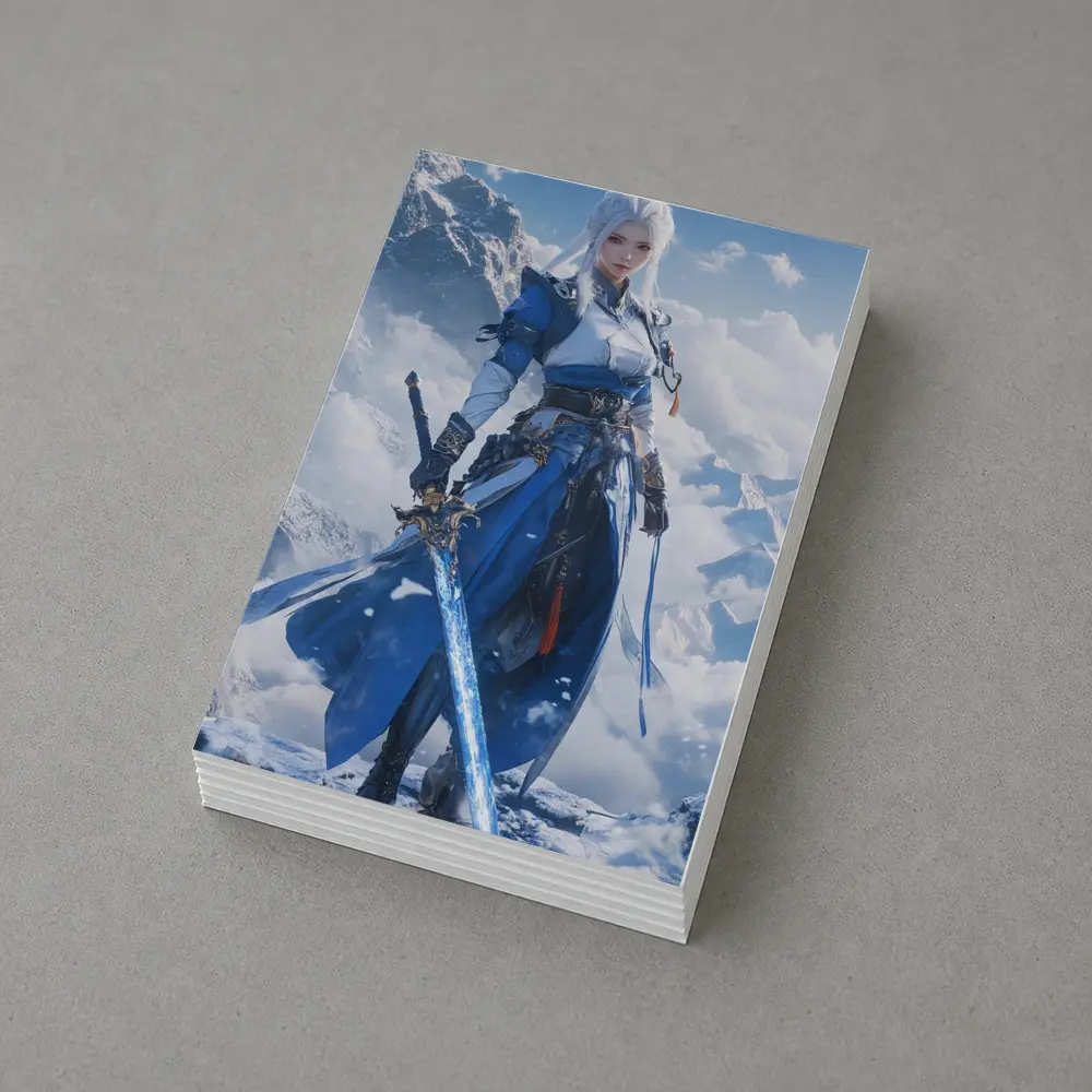 Anime Warrior Woman Blue Sword Snowy Mountains – Postcards