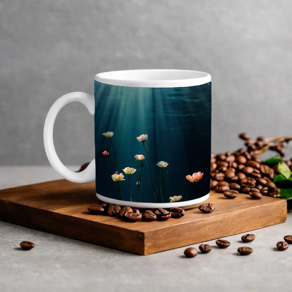 White Flowers Floating Underwater Ocean Light – Mugs