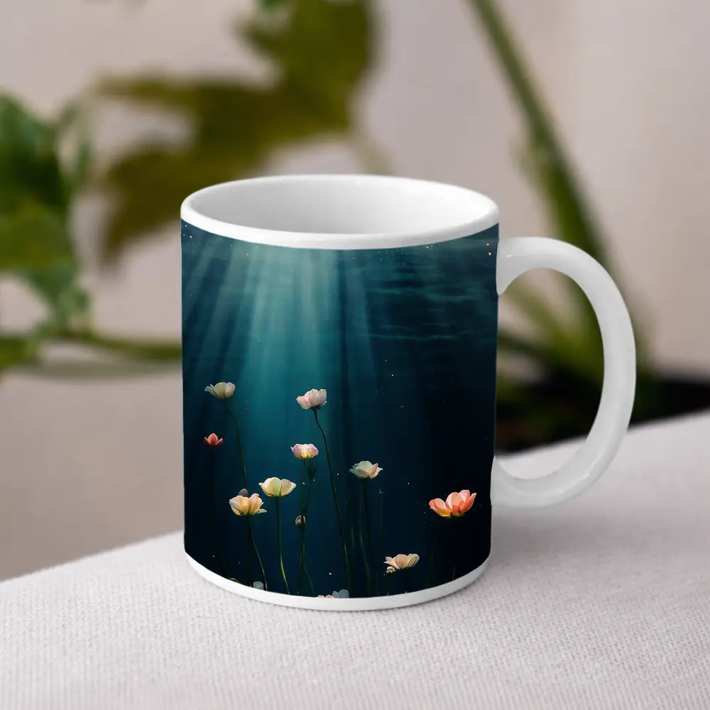 White Flowers Floating Underwater Ocean Light – Mugs