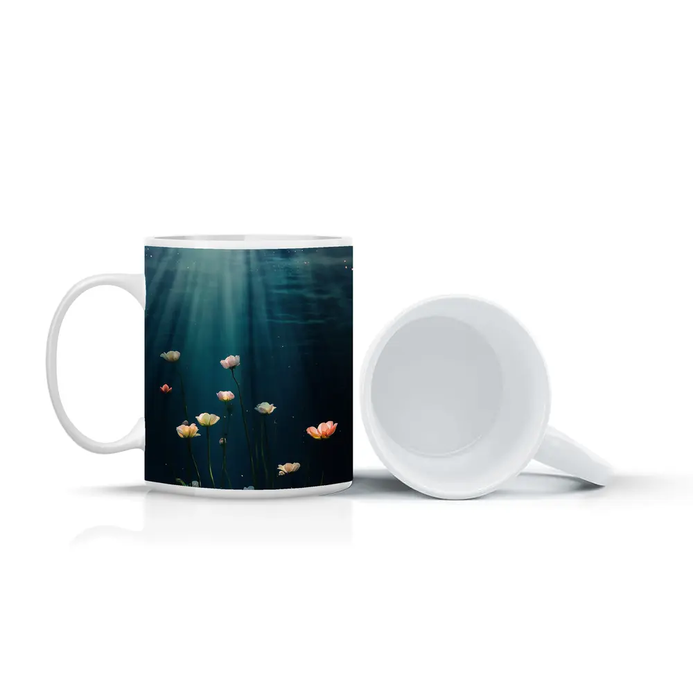 White Flowers Floating Underwater Ocean Light – Mugs